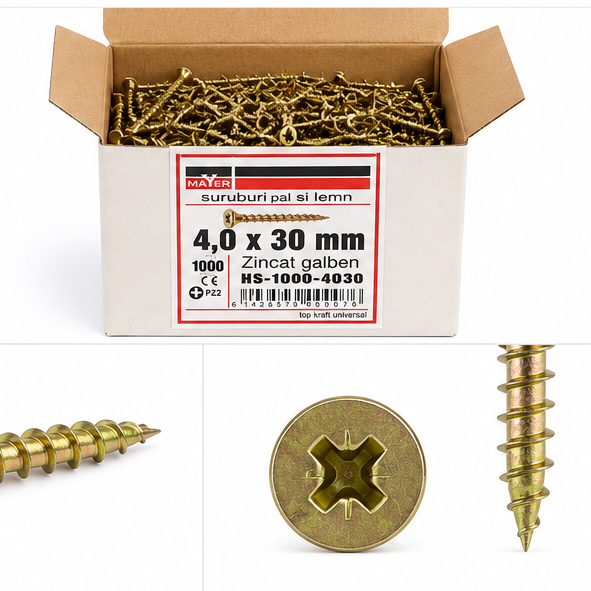 Sárgára horganyzott forgácslap- és facsavar 4,0 × 30 mm (1000 db)