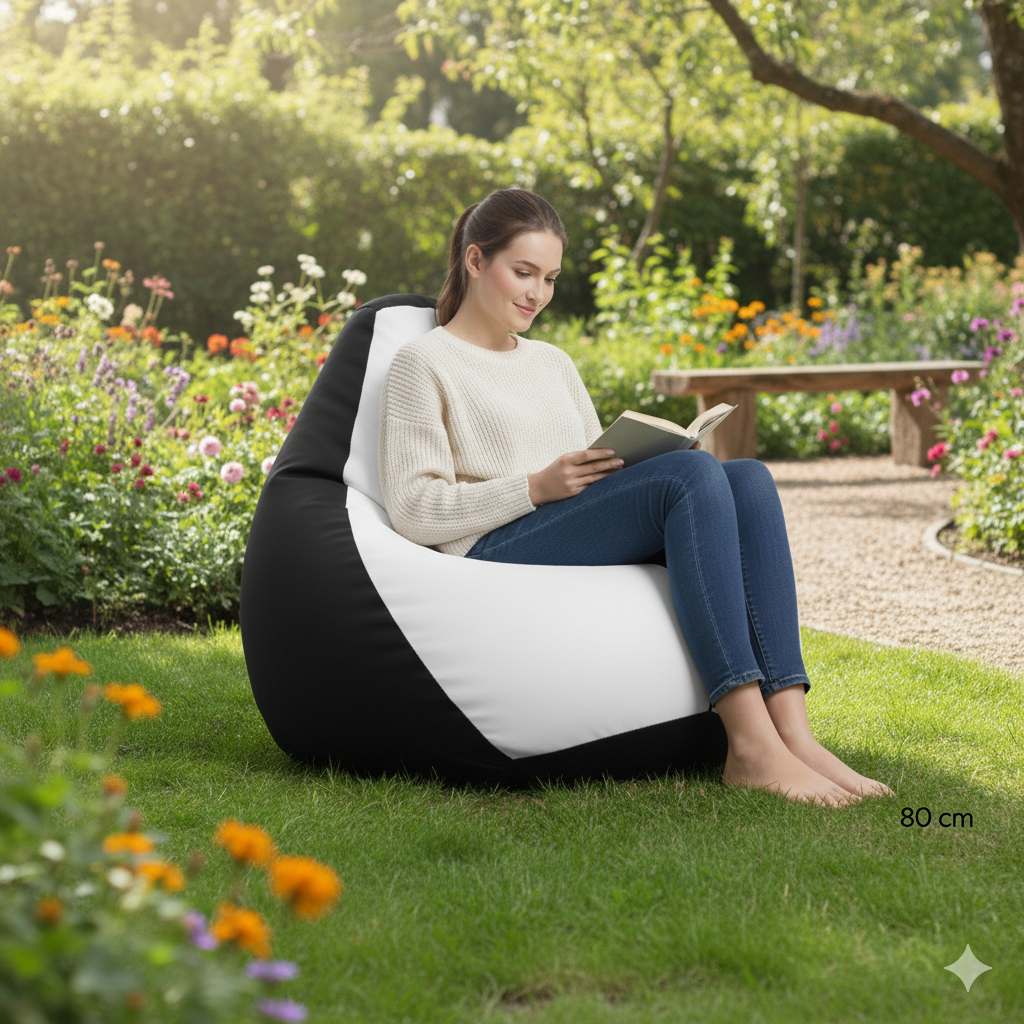 Montana babzsákfotel, körte alakú, fehér és fekete, polisztirol gyöngy töltettel, beltéri/kültéri használatra, levehető huzattal