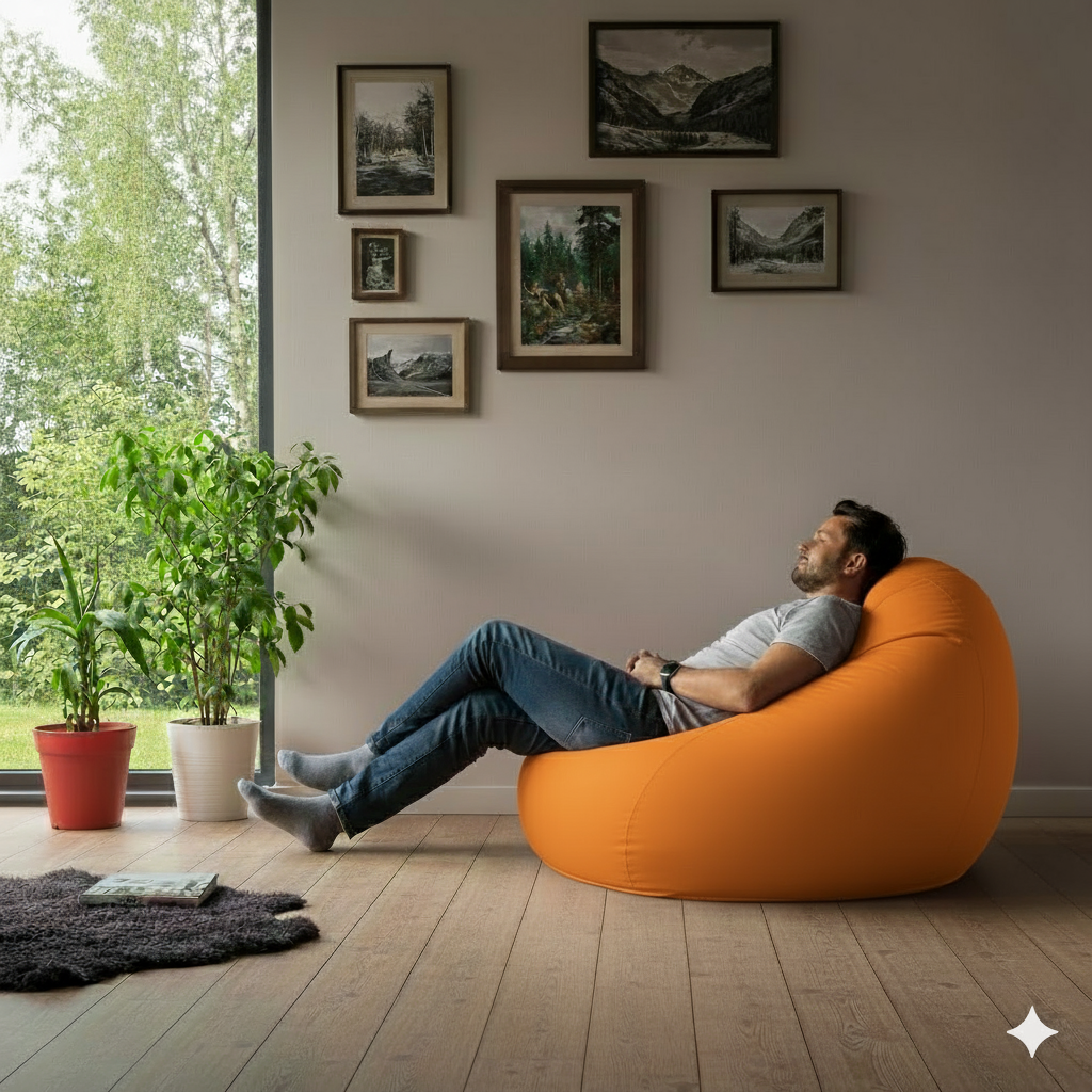 Montana babzsákfotel, körte alakú, neon narancssárga, polisztirol gyöngy töltettel, beltéri/kültéri használatra, levehető huzattal
