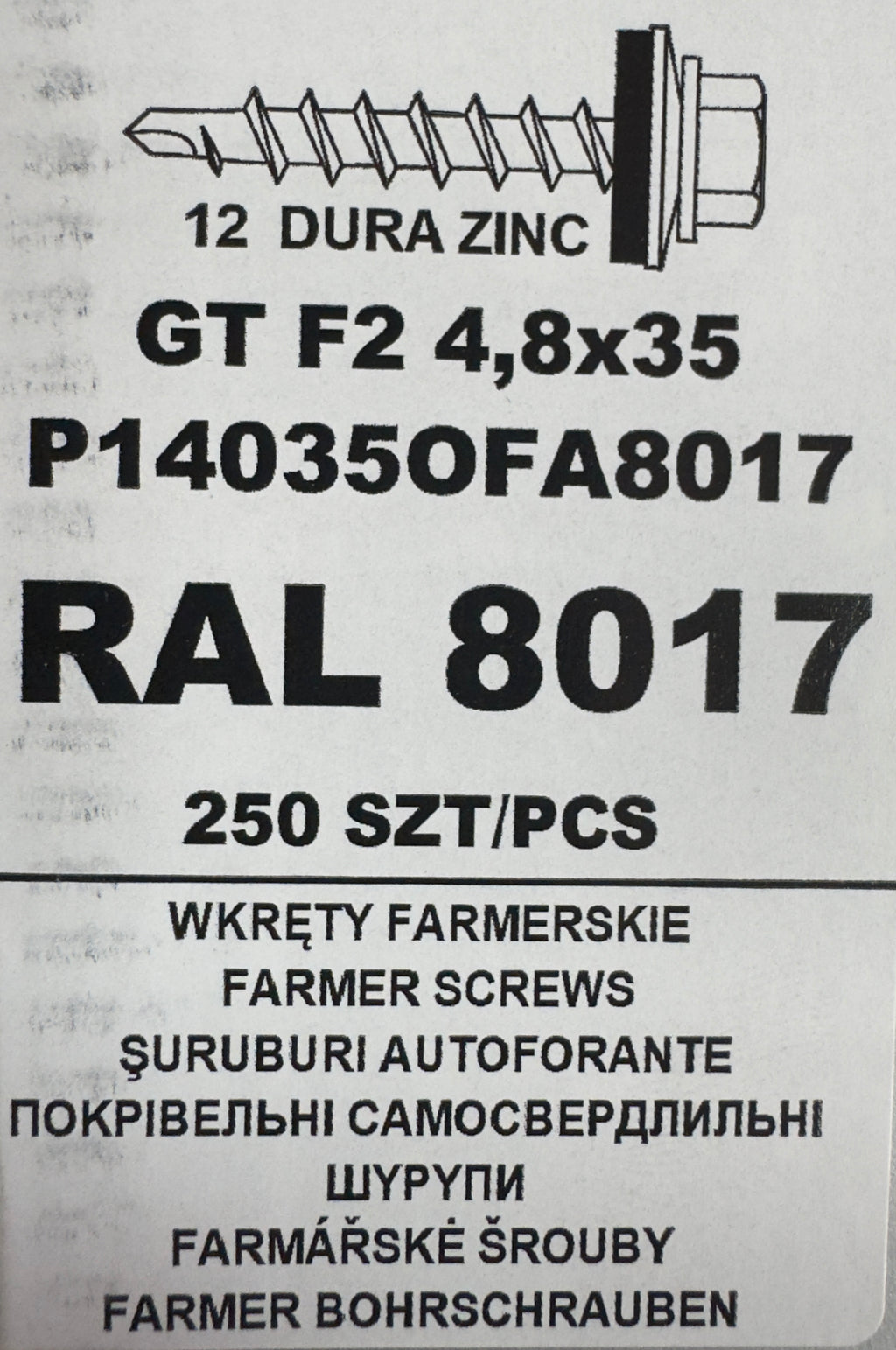 250 db-os önfúró csavar szett fémcseréphez/tetőlemezhez, GT F2 4,8×35 P140350FA8017 RAL 8017