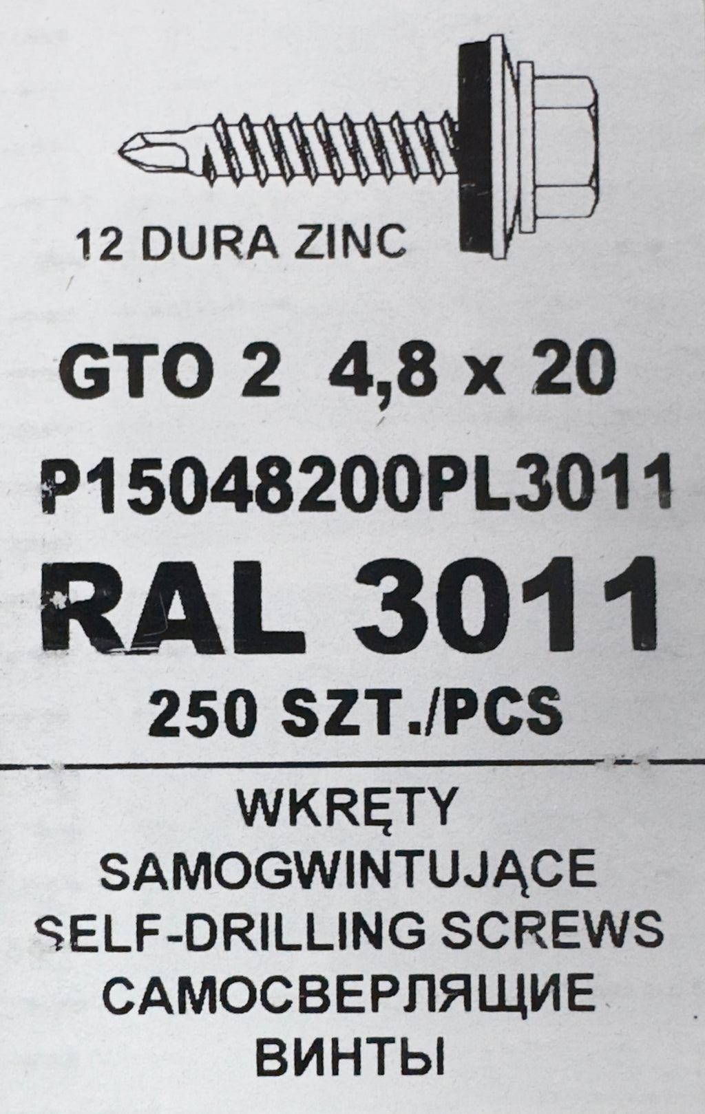 250 db-os önfúró csavar szett fémcseréphez/tetőlemezhez, GTO 2 4,8×20 P15048200PL3011 RAL 3011