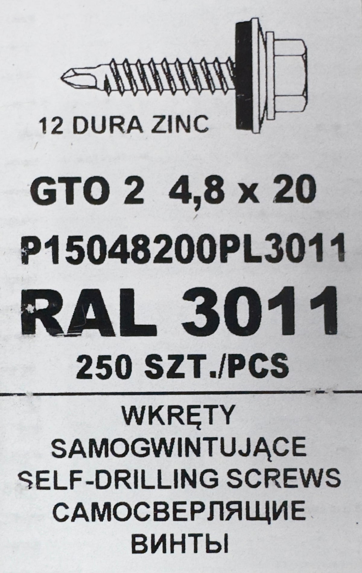 250 db-os önfúró csavar szett fémcseréphez/tetőlemezhez, GTO 2 4,8×20 P15048200PL3011 RAL 3011
