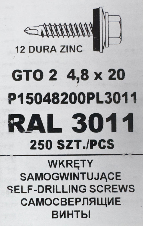 250 db-os önfúró csavar szett fémcseréphez/tetőlemezhez, GTO 2 4,8×20 P15048200PL3011 RAL 3011