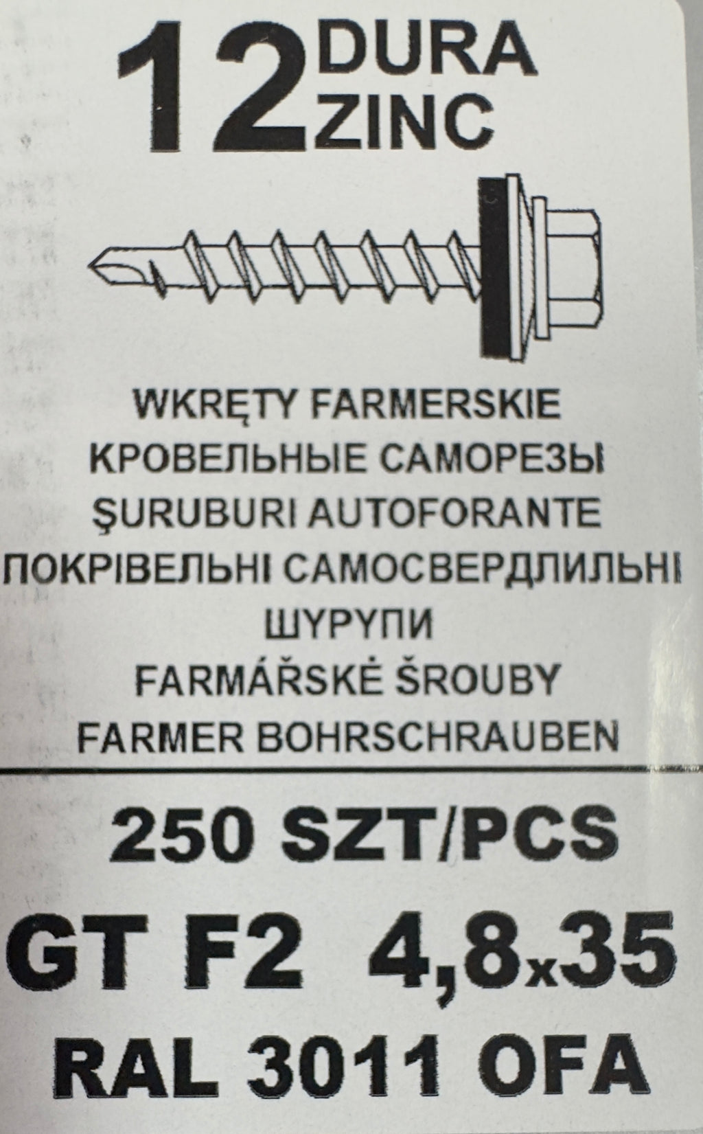 250 db-os önfúró csavar szett tetőlemezhez, 250 SZT/PCS GT F2 4,8×35 RAL 3011 OFA