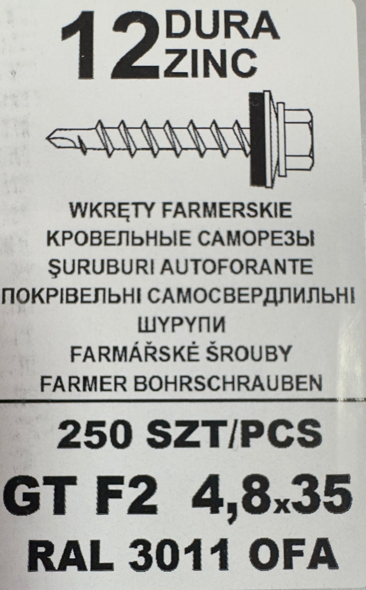 250 db-os önfúró csavar szett tetőlemezhez, 250 SZT/PCS GT F2 4,8×35 RAL 3011 OFA