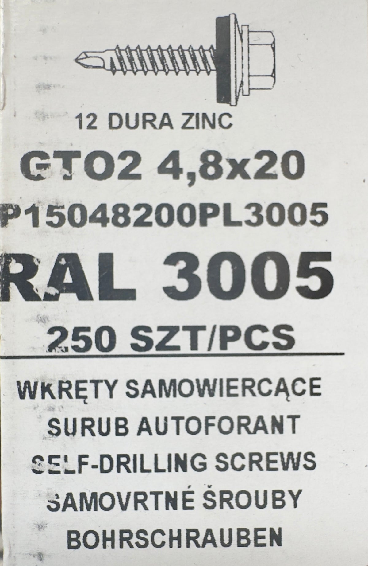 250 db-os önfúró csavar szett fémcseréphez/tetőlemezhez, GTO2 4,8×20 P15048200PL3005 RAL 3005