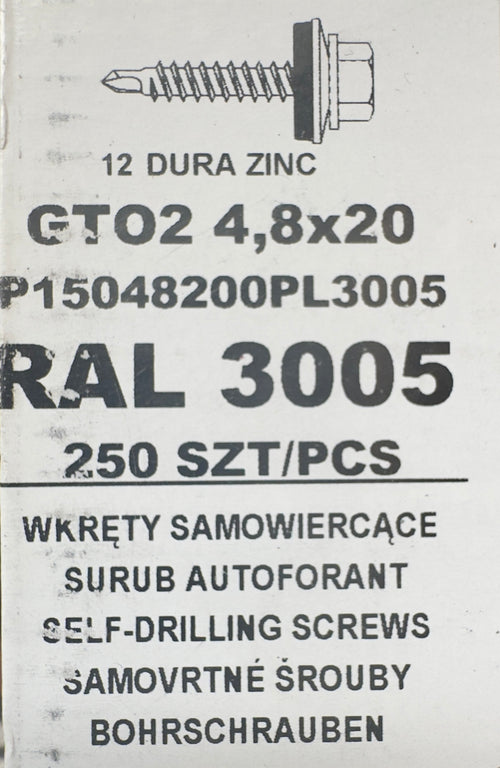 250 db-os önfúró csavar szett fémcseréphez/tetőlemezhez, GTO2 4,8×20 P15048200PL3005 RAL 3005