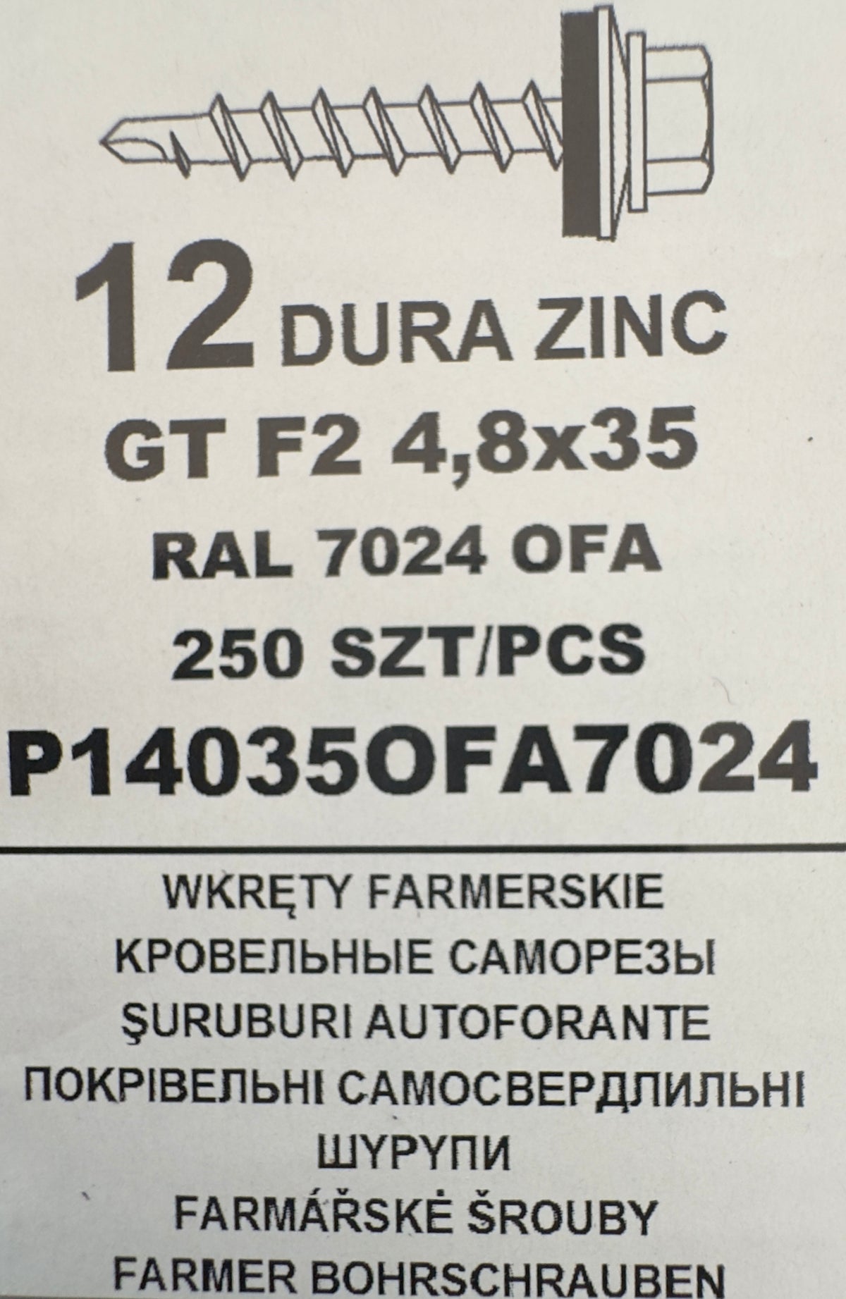 250 db-os önfúró csavar szett fémcseréphez/tetőlemezhez, GT F2 4,8×35 RAL 7024 OFA P140350FA7024