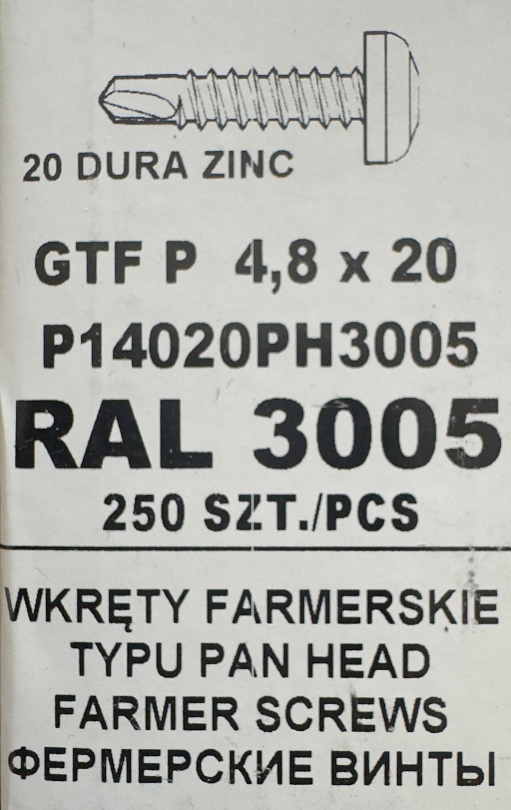 250 db-os önfúró csavar szett fémcseréphez/tetőlemezhez, GTF P 4,8×20 P14020PH3005 RAL 3005