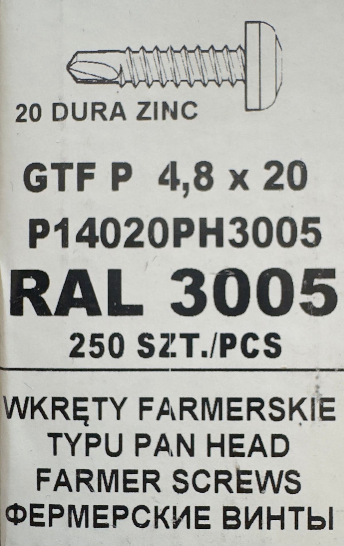 250 db-os önfúró csavar szett fémcseréphez/tetőlemezhez, GTF P 4,8×20 P14020PH3005 RAL 3005