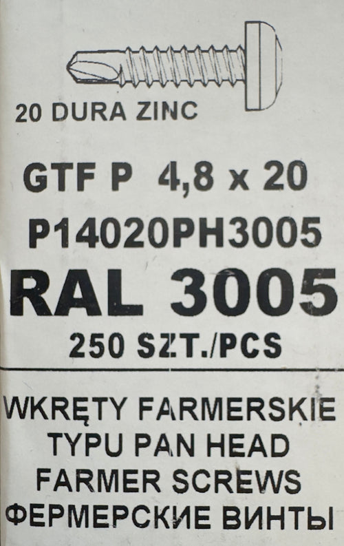 250 db-os önfúró csavar szett fémcseréphez/tetőlemezhez, GTF P 4,8×20 P14020PH3005 RAL 3005