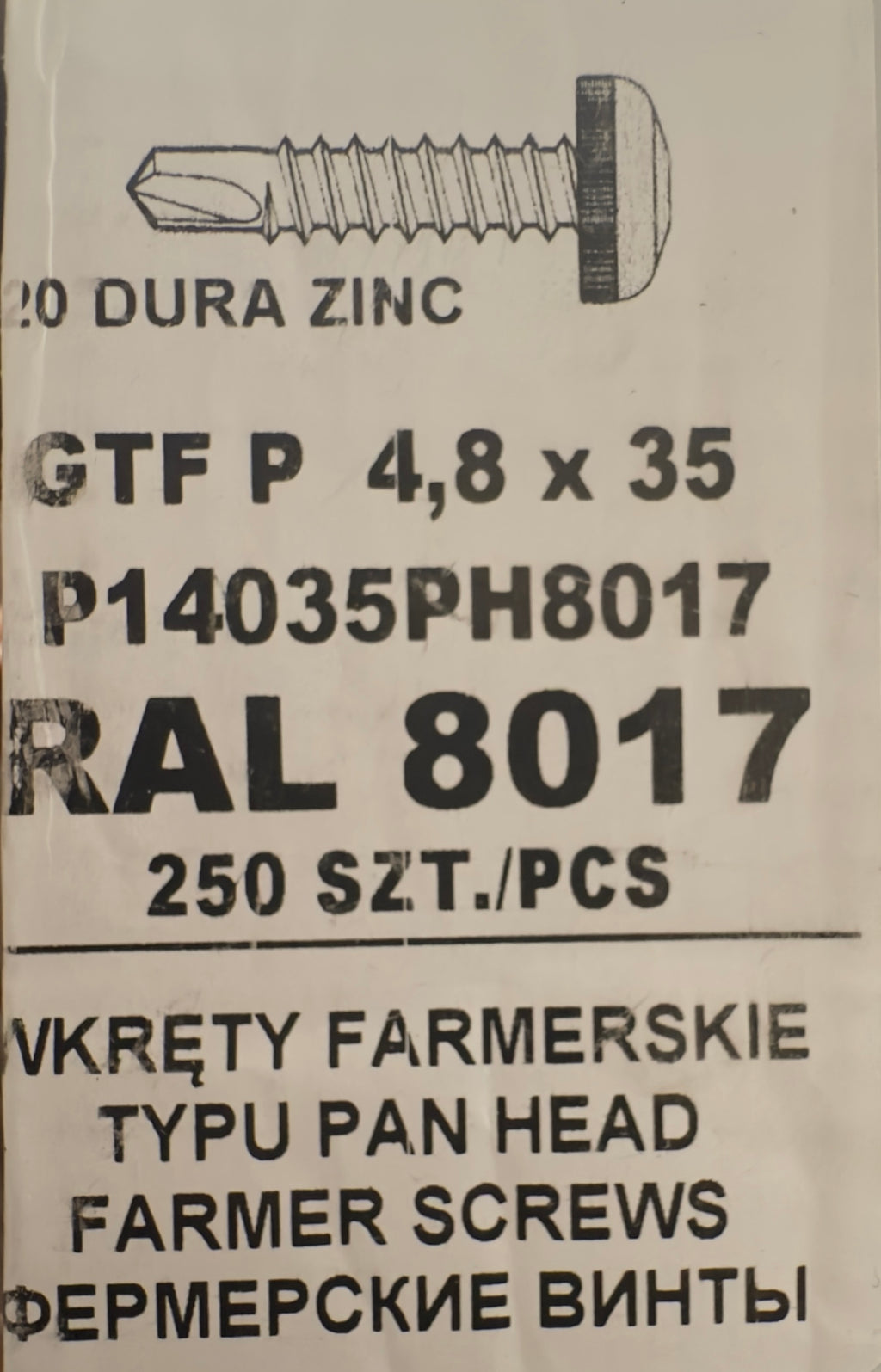 250 db-os önfúró csavar szett fémcseréphez/tetőlemezhez, GTF P 4,8×35 P14035PH8017 RAL 8017