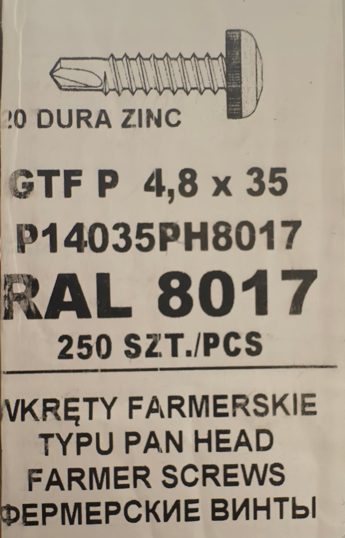 250 db-os önfúró csavar szett fémcseréphez/tetőlemezhez, GTF P 4,8×35 P14035PH8017 RAL 8017