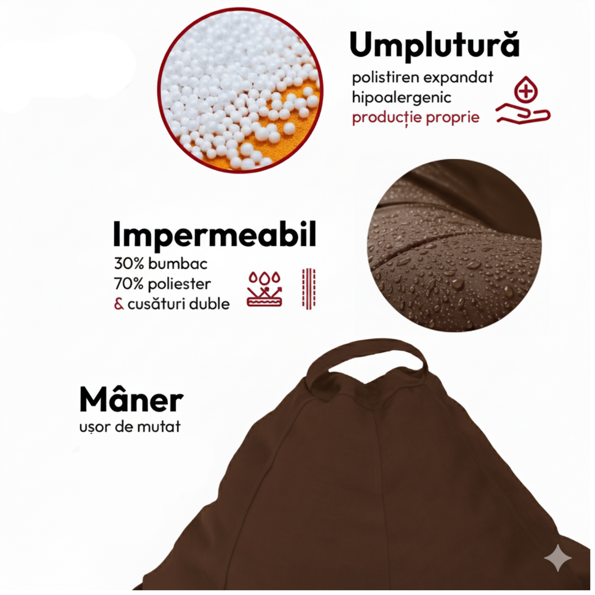 Montana babzsákfotel, körte alakú, barna, polisztirol gyöngy töltettel, beltéri/kültéri használatra, levehető huzattal