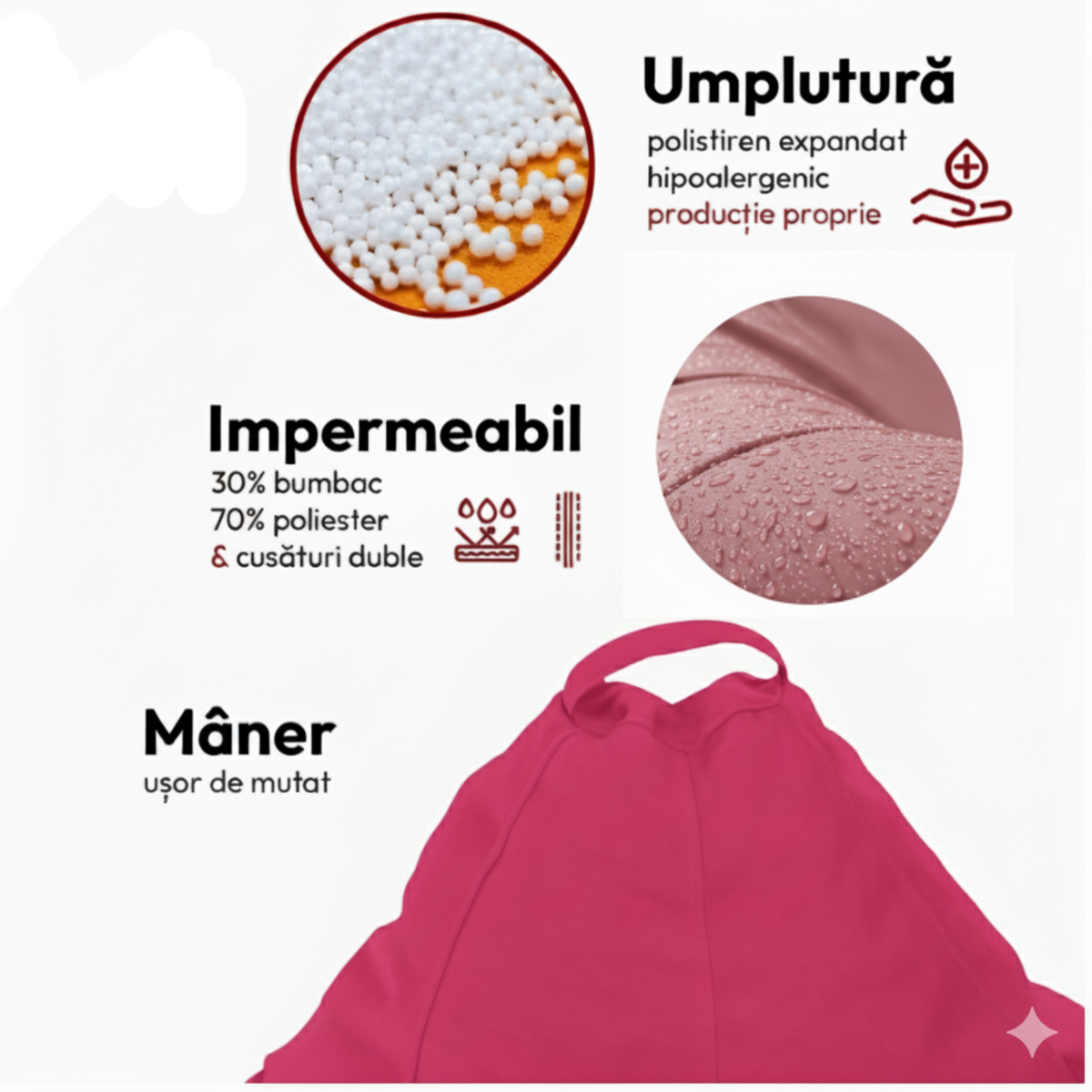 Montana babzsákfotel, körte alakú, rózsaszín, polisztirol gyöngy töltettel, beltéri/kültéri használatra, levehető huzattal