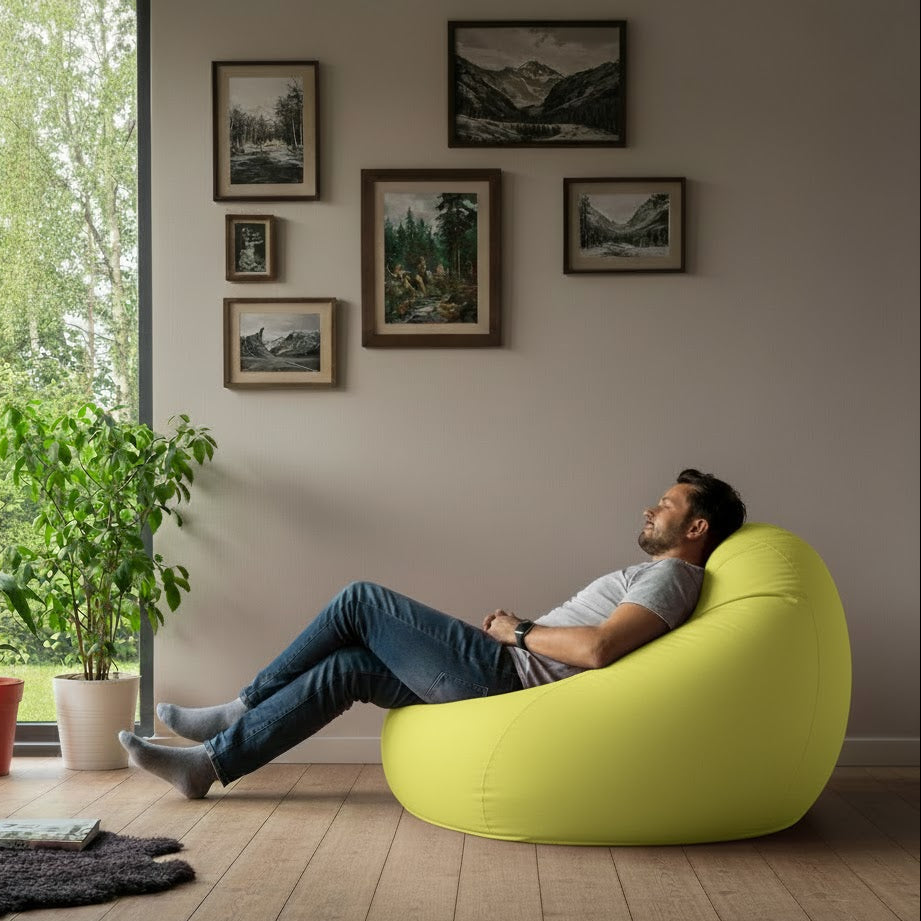 Montana babzsákfotel, körte alakú, neon sárga, polisztirol gyöngy töltettel, beltéri/kültéri használatra, levehető huzattal