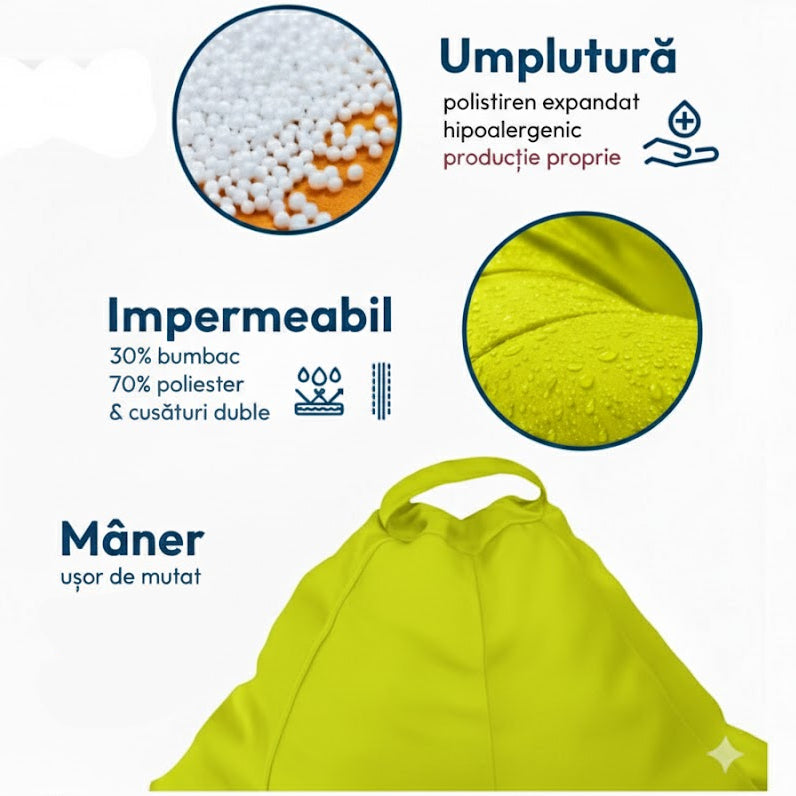 Montana babzsákfotel, körte alakú, neon sárga, polisztirol gyöngy töltettel, beltéri/kültéri használatra, levehető huzattal