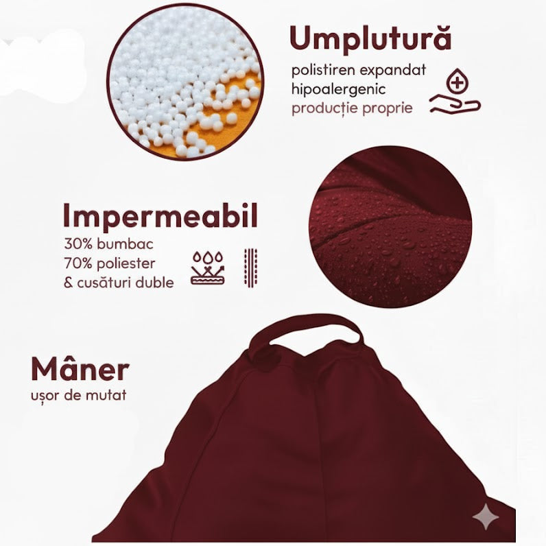 Montana babzsákfotel, körte alakú, bordó, polisztirol gyöngy töltettel, beltéri/kültéri használatra, levehető huzattal